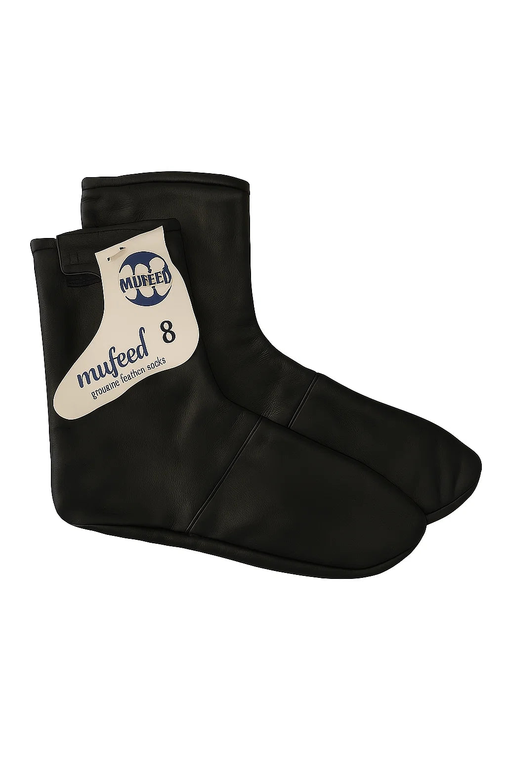 Black shoe covers with a brand label on a white background