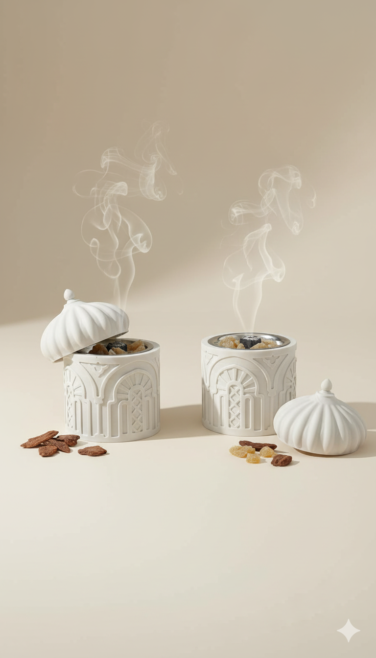 Andalus Bakhoor Burner — Handmade Minimal White Incense Stand with Lid