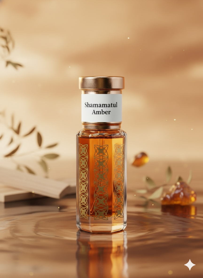 Shamamatul Amber attar perfume oil bottle close up
